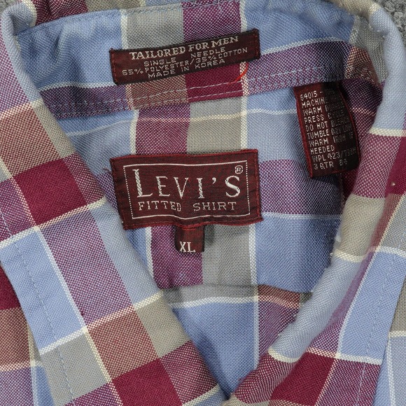 Vintage Levis Shirt Mens XL Blue Red Plaid Button Down Fitted Long Sleeve - Picture 3 of 8